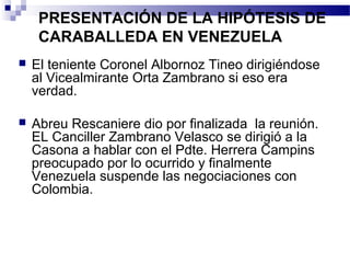 PRESENTACIÓN DE LA HIPÓTESIS DE
CARABALLEDA EN VENEZUELA
 El teniente Coronel Albornoz Tineo dirigiéndose
al Vicealmirante Orta Zambrano si eso era
verdad.
 Abreu Rescaniere dio por finalizada la reunión.
EL Canciller Zambrano Velasco se dirigió a la
Casona a hablar con el Pdte. Herrera Campins
preocupado por lo ocurrido y finalmente
Venezuela suspende las negociaciones con
Colombia.
 