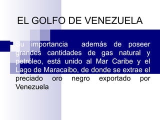 EL GOLFO DE VENEZUELA
 Su importancia además de poseer
grandes cantidades de gas natural y
petróleo, está unido al Mar Caribe y el
Lago de Maracaibo, de donde se extrae el
preciado oro negro exportado por
Venezuela
 