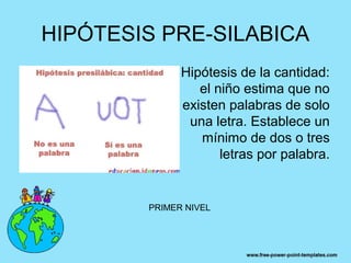 HIPÓTESIS PRE-SILABICA
           • Hipótesis de la cantidad:
                el niño estima que no
             existen palabras de solo
              una letra. Establece un
                mínimo de dos o tres
                    letras por palabra.


        PRIMER NIVEL
 