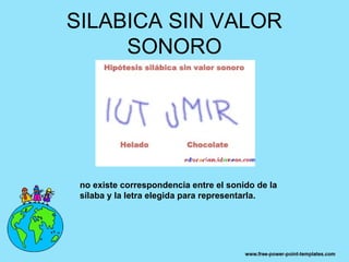 SILABICA SIN VALOR
     SONORO




 no existe correspondencia entre el sonido de la
 sílaba y la letra elegida para representarla.
 