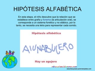 HIPÓTESIS ALFABÉTICA
  En esta etapa, el niño descubre que la relación que se
  establece entre grafía y fonema (la articulación oral), se
  corresponde a un sistema fonético y no silábico, por lo
tanto, se necesita una letra para representar cada sonido.
 