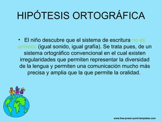 HIPÓTESIS ORTOGRÁFICA

• El niño descubre que el sistema de escritura no es
unívoco (igual sonido, igual grafía). Se trata pues, de un
    sistema ortográfico convencional en el cual existen
 irregularidades que permiten representar la diversidad
 de la lengua y permiten una comunicación mucho más
      precisa y amplia que la que permite la oralidad.
 