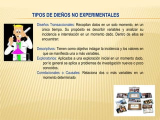 TIPOS DE DIEÑOS NO EXPERIMENTALES
Diseños Transaccionales: Recopilan datos en un solo momento, en un
único tiempo. Su propósito es describir variables y analizar su
incidencia e interrelación en un momento dado. Dentro de ellos se
encuentran:
Descriptivos: Tienen como objetivo indagar la incidencia y los valores en
que se manifiesta una o más variables.
Exploratorios: Aplicados a una exploración inicial en un momento dado,
por lo general se aplica a problemas de investigación nuevos o poco
conocidos.
Correlacionales o Causales: Relaciona dos o más variables en un
momento determinado

 