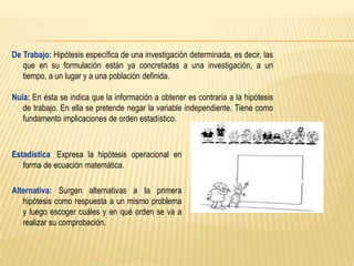 De Trabajo: Hipótesis específica de una investigación determinada, es decir, las
que en su formulación están ya concretadas a una investigación, a un
tiempo, a un lugar y a una población definida.
Nula: En ésta se indica que la información a obtener es contraria a la hipótesis
de trabajo. En ella se pretende negar la variable independiente. Tiene como
fundamento implicaciones de orden estadístico.

Estadística: Expresa la hipótesis operacional en
forma de ecuación matemática.
Alternativa: Surgen alternativas a la primera
hipótesis como respuesta a un mismo problema
y luego escoger cuáles y en qué orden se va a
realizar su comprobación.

 