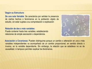 ´ Según su Estructura:

De una sola Variable: Se caracteriza por señalar la presencia
de ciertos hechos o fenómenos en la población objeto de
estudio, sin estar sujetas a su comprobación o explicación
Relación de dos o más variables:
Puede contener hasta tres variables, estableciendo
relaciones de simple asociación o dependencia.
Asociación o Covarianza: Pueden distinguirse porque un cambio o alteración en una o más
variables independientes va acompañado de un cambio proporcional, en sentido directo o
inverso, en la variable dependiente. Sin embargo, la relación que se establece no es de
causalidad, ni tampoco permiten explicar los fenómenos.

 