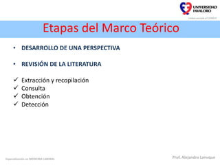 Etapas del Marco Teórico
• DESARROLLO DE UNA PERSPECTIVA
• REVISIÓN DE LA LITERATURA
 Extracción y recopilación
 Consulta
 Obtención
 Detección
Especialización en MEDICINA LABORAL Prof. Alejandro Lanuque
 