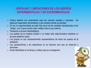 VENTAJAS Y LIMITACIONES DE LOS DISEÑOS
EXPERIMENTALES Y NO EXPERIMENTALES
o Ambos diseños son importantes para las ciencias sociales y naturales. Su
selección dependerá del problema y del contexto donde se estudian.
o En los no experimentales se está más cerca de las variables hipotetizadas como
“reales”, por lo tanto tendrá mejor validez interna que externa.
o Tendencia a errores metodológicos.
o Los sujetos de la muestra pueden o no haber sido seleccionados mediante un
proceso aleatorio (azar).
o Los grupos no son necesariamente representativos de todos los sujetos de la
población.
o Las características y los desenlaces no se imponen sino que se observan y
describen.
o Existe flexibilidad en el tiempo a utilizar para la investigación.

 