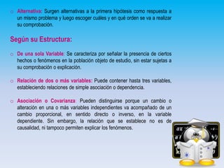 o Alternativa: Surgen alternativas a la primera hipótesis como respuesta a
un mismo problema y luego escoger cuáles y en qué orden se va a realizar
su comprobación.

Según su Estructura:
o De una sola Variable: Se caracteriza por señalar la presencia de ciertos
hechos o fenómenos en la población objeto de estudio, sin estar sujetas a
su comprobación o explicación.
o Relación de dos o más variables: Puede contener hasta tres variables,
estableciendo relaciones de simple asociación o dependencia.
o Asociación o Covarianza: Pueden distinguirse porque un cambio o
alteración en una o más variables independientes va acompañado de un
cambio proporcional, en sentido directo o inverso, en la variable
dependiente. Sin embargo, la relación que se establece no es de
causalidad, ni tampoco permiten explicar los fenómenos.

 