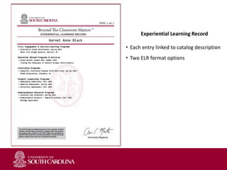 Experiential Learning Record
• Each entry linked to catalog description
• Two ELR format options
 
