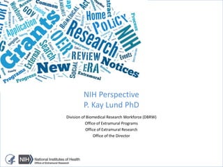 Division of Biomedical Research Workforce (DBRW)
Office of Extramural Programs
Office of Extramural Research
Office of the Director
NIH Perspective
P. Kay Lund PhD
 