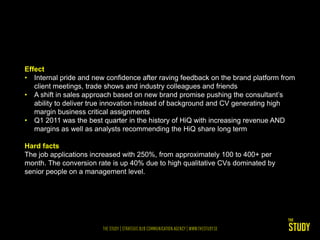 Effect
• Internal pride and new confidence after raving feedback on the brand platform from
   client meetings, trade shows and industry colleagues and friends
• A shift in sales approach based on new brand promise pushing the consultant’s
   ability to deliver true innovation instead of background and CV generating high
   margin business critical assignments
• Q1 2011 was the best quarter in the history of HiQ with increasing revenue AND
   margins as well as analysts recommending the HiQ share long term

Hard facts
The job applications increased with 250%, from approximately 100 to 400+ per
month. The conversion rate is up 40% due to high qualitative CVs dominated by
senior people on a management level.
 