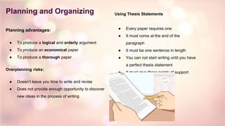 Planning advantages:
● To produce a logical and orderly argument
● To produce an economical paper
● To produce a thorough paper
Overplanning risks:
● Doesn’t leave you time to write and revise
● Does not provide enough opportunity to discover
new ideas in the process of writing
Using Thesis Statements
● Every paper requires one
● It must come at the end of the
paragraph
● It must be one sentence in length
● You can not start writing until you have
a perfect thesis statement
● It must give three points of support
Planning and Organizing
 