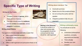 Specific Type of Writing
Writing for the Public:
● Includes a variety of genres, which
share common features.
● The writer should know the audience,
provide context, be concrete, and do
research if necessary.
Writing about Literature: Tips
● Avoid plot summary
● Master the art of the analytical thesis
● Do not confuse the author with the
speaker
● Integrate quotations fully into your
argument
Writing about History
Your goal is to choose a topic and write a paper that:
● Asks a good historical question
● Tells how its interpretation connect to previous work
by others
● Offers a well organized and persuasive thesis on its
own
Writing a philosophy essay
You should aim to do the
following:
● Understand philosophical
questions, concepts,
arguments and theories.
● Think critically
● Develop your own
answers
Writing in the Sciences
It should be written in a
clear and concise style.
Its paragraphs should be
coherent and its ideas
should be well organized
 