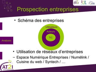 Prospection entreprises
           • Schéma des entreprises
                             Utilisateurs
                              Acteurs

                                TIC
Analyses



           • Utilisation de réseaux d’entreprises
           – Espace Numérique Entreprises / Numélink /
             Cuisine du web / Syntech / …
 