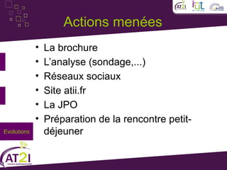 Actions menées
             •   La brochure
             •   L’analyse (sondage,...)
             •   Réseaux sociaux
             •   Site atii.fr
             •   La JPO
             •   Préparation de la rencontre petit-
Evolutions       déjeuner
 