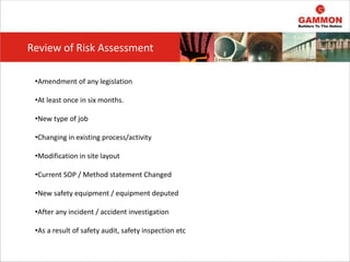 •Amendment of any legislation
•At least once in six months.
•New type of job
•Changing in existing process/activity
•Modification in site layout
•Current SOP / Method statement Changed
•New safety equipment / equipment deputed
•After any incident / accident investigation
•As a result of safety audit, safety inspection etc
Review of Risk Assessment
 