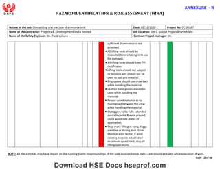 HAZARD IDENTIFICATION & RISK ASSESMENT (HIRA)
NOTE: All the activities may have impact on the running plants in surroundings of the tank location hence, extra care should be taken while execution of work.
Page 13 of 66
ANNEXURE – R
Nature of the Job: Dismantling and erection of ammonia tank Date: 02/12/2020 Project No: PC-00187
Name of the Contractor: Projects & Development India limited Job Location: GNFC -1003A Project Bharuch Site
Name of the Safety Engineer: Mr. Tarik Vahora Contract Project manager: Mr.
sufficient illumination is not
provided.
• All lifting tools should be
inspected before taking in to use
for damages.
• All lifting tools should have TPI
certificates.
• Lifting tools should not subject
to tensions and should not be
used to pull any material.
• Employees should use crow bars
while handling the material.
• Leather hand gloves shouldbe
used while handling the
material.
• Proper coordination is to be
maintained between the crew
while handling the material.
• Outriggers to be fully extended
on stable/solid & even ground,
using wood sole plates (if
applicable).
• Stop crane lifting in rainy, foggy
weather or during dust storm.
Monitor wind factor, If wind
velocity exceeds established
maximum speed limit, stop all
lifting operations.
Download HSE Docs hseprof.com
 