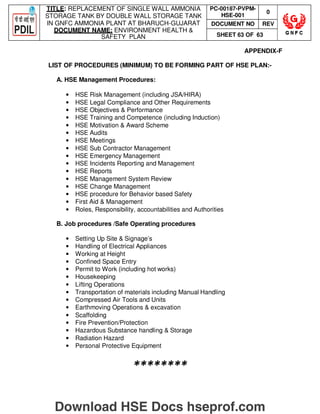 TITLE: REPLACEMENT OF SINGLE WALL AMMONIA
STORAGE TANK BY DOUBLE WALL STORAGE TANK
IN GNFC AMMONIA PLANT AT BHARUCH-GUJARAT
DOCUMENT NAME: ENVIRONMENT HEALTH 
SAFETY PLAN
PC-00187-PVPM-
HSE-001
0
DOCUMENT NO REV
SHEET 63 OF 63
APPENDIX-F
LIST OF PROCEDURES (MINIMUM) TO BE FORMING PART OF HSE PLAN:-
A. HSE Management Procedures:
• HSE Risk Management (including JSA/HIRA)
• HSE Legal Compliance and Other Requirements
• HSE Objectives  Performance
• HSE Training and Competence (including Induction)
• HSE Motivation  Award Scheme
• HSE Audits
• HSE Meetings
• HSE Sub Contractor Management
• HSE Emergency Management
• HSE Incidents Reporting and Management
• HSE Reports
• HSE Management System Review
• HSE Change Management
• HSE procedure for Behavior based Safety
• First Aid  Management
• Roles, Responsibility, accountabilities and Authorities
B. Job procedures /Safe Operating procedures
• Setting Up Site  Signage’s
• Handling of Electrical Appliances
• Working at Height
• Confined Space Entry
• Permit to Work (including hot works)
• Housekeeping
• Lifting Operations
• Transportation of materials including Manual Handling
• Compressed Air Tools and Units
• Earthmoving Operations  excavation
• Scaffolding
• Fire Prevention/Protection
• Hazardous Substance handling  Storage
• Radiation Hazard
• Personal Protective Equipment
********
Download HSE Docs hseprof.com
 