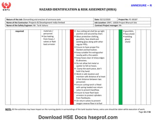 HAZARD IDENTIFICATION & RISK ASSESMENT (HIRA)
NOTE: All the activities may have impact on the running plants in surroundings of the tank location hence, extra care should be taken while execution of work.
Page 16 of 66
ANNEXURE – R
Nature of the Job: Dismantling and erection of ammonia tank Date: 02/12/2020 Project No: PC-00187
Name of the Contractor: Projects & Development India limited Job Location: GNFC -1003A Project Bharuch Site
Name of the Safety Engineer: Mr. Tarik Vahora Contract Project manager: Mr.
required materials /
personnel.
• Gas leaking
from hoses /
valves or flash
back arrester
• Gas cutting set shall be up right
position and secured by chain.
• Wear protective clothing,
gauntlets, face shield and
welding glass along with other
regular PPEs.
• Ensure to have proper fire
blanket and barrication.
• Keep suitable fire extinguisher
nearby with a fire watch.
• Keep hoses clear of sharp edges
& abrasives.
• Do not allow hot metal or
spatter to fall on hoses.
• Clamp the work piece, don’t
hold it by hand.
• Work in safe location and
maintain safe distance of at least
5 feet distance between two
personnel.
• Ensure cutting torch is fitted
with spring loaded non return
valve to prevent backflow.
• Ensure to have flash back
arresters to protect cylinders
from flashbacks.
• On return valves to prevent
oxygen reverse flow in tofuel
• gauntlets,
• face shield
• welding
glass/
shield
Download HSE Docs hseprof.com
 