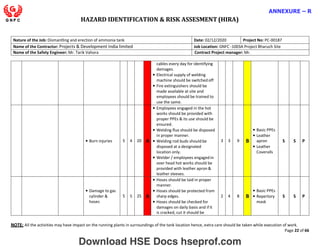 HAZARD IDENTIFICATION & RISK ASSESMENT (HIRA)
NOTE: All the activities may have impact on the running plants in surroundings of the tank location hence, extra care should be taken while execution of work.
Page 22 of 66
ANNEXURE – R
Nature of the Job: Dismantling and erection of ammonia tank Date: 02/12/2020 Project No: PC-00187
Name of the Contractor: Projects & Development India limited Job Location: GNFC -1003A Project Bharuch Site
Name of the Safety Engineer: Mr. Tarik Vahora Contract Project manager: Mr.
cables every day for identifying
damages.
• Electrical supply of welding
machine should be switchedoff
• Fire extinguishers should be
made available at site and
employees should be trained to
use the same.
• Burn injuries 5 4 20 A
• Employees engaged in the hot
works should be provided with
proper PPEs & its use should be
ensured.
• Welding flux should be disposed
in proper manner.
• Welding rod buds shouldbe
disposed at a designated
location only.
• Welder / employees engagedin
over head hot works should be
provided with leather apron &
leather sleeves.
3 3 9 B
• Basic PPEs
• Leather
apron
• Leather
Coveralls
S S P
• Damage to gas
cylinder &
hoses
5 5 25 A
• Hoses should be laid in proper
manner.
• Hoses should be protected from
sharp edges.
• Hoses should be checked for
damages on daily basis and if it
is cracked, cut it should be
2 4 8 B
• Basic PPEs
• Repertory
mask
S S P
Download HSE Docs hseprof.com
 