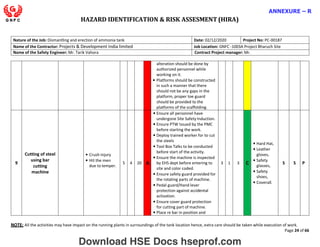 HAZARD IDENTIFICATION & RISK ASSESMENT (HIRA)
NOTE: All the activities may have impact on the running plants in surroundings of the tank location hence, extra care should be taken while execution of work.
Page 24 of 66
ANNEXURE – R
Nature of the Job: Dismantling and erection of ammonia tank Date: 02/12/2020 Project No: PC-00187
Name of the Contractor: Projects & Development India limited Job Location: GNFC -1003A Project Bharuch Site
Name of the Safety Engineer: Mr. Tarik Vahora Contract Project manager: Mr.
alteration should be done by
authorized personnel while
working on it.
• Platforms should be constructed
in such a manner that there
should not be any gaps in the
platform, proper toe guard
should be provided to the
platforms of the scaffolding.
9
Cutting of steel
using bar
cutting
machine
• Crush Injury
• Hit the men
due to temper.
5 4 20 A
• Ensure all personnel have
undergone Site Safety Induction.
• Ensure PTW Issued by the PMC
before starting the work.
• Deploy trained worker for to cut
the steels
• Tool Box Talks to be conducted
before start of the activity.
• Ensure the machine is inspected
by EHS dept before entering to
site and color coded.
• Ensure safety guard provided for
the rotating parts of machine.
• Pedal guard/Hand lever
protection against accidental
activation.
• Ensure cover guard protection
for cutting part of machine.
• Place re bar in position and
3 1 3 C
• Hard Hat,
• Leather
gloves,
• Safety
glasses,
• Safety
shoes,
• Coverall.
S S P
Download HSE Docs hseprof.com
 