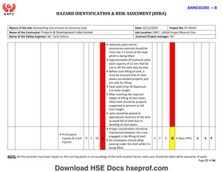 HAZARD IDENTIFICATION & RISK ASSESMENT (HIRA)
NOTE: All the activities may have impact on the running plants in surroundings of the tank location hence, extra care should be taken while execution of work.
Page 27 of 66
ANNEXURE – R
Nature of the Job: Dismantling and erection of ammonia tank Date: 02/12/2020 Project No: PC-00187
Name of the Contractor: Projects & Development India limited Job Location: GNFC -1003A Project Bharuch Site
Name of the Safety Engineer: Mr. Tarik Vahora Contract Project manager: Mr.
• Hydraulic jacks and its
accessories selected should be
more the 1.5 times of the load
which is being lifted.
• Approximately 20 hydraulic jacks
each capacity of 12 ton shall be
use to lift the tank step by step.
• Before start lifting of tank, it
must be ensured that all shell
plates are welded properly and
are safe for lifting.
• Tank shell to be lift Maximum
2.6 meter height
• After reaching the required
height of lifting of each level,
lifted shell should be properly
supported to prevent its fall
from height.
• Jacks should be placed at
appropriate locations of the tank
to avoid fall of shell due to
bending of shell plates.
• Pinch point
injuries & crush
injuries
4 5 20 A
• Proper coordination should be
maintained between the crew
engaged in the lifting of shell.
• No employees should allow
passing under the shell while it is
being lifted.
3 2 6 B • Basic PPEs S S P
Download HSE Docs hseprof.com
 