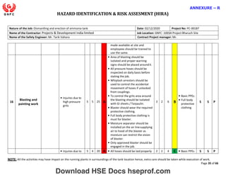 HAZARD IDENTIFICATION & RISK ASSESMENT (HIRA)
NOTE: All the activities may have impact on the running plants in surroundings of the tank location hence, extra care should be taken while execution of work.
Page 35 of 66
ANNEXURE – R
Nature of the Job: Dismantling and erection of ammonia tank Date: 02/12/2020 Project No: PC-00187
Name of the Contractor: Projects & Development India limited Job Location: GNFC -1003A Project Bharuch Site
Name of the Safety Engineer: Mr. Tarik Vahora Contract Project manager: Mr.
made available at site and
employees should be trained to
use the same.
16
Blasting and
painting work
• Injuries due to
high pressure
grits
5 5 25 A
• Area of blasting should be
isolated and proper warning
signs should be placed aroundit.
• All pressure hoses should be
inspected on daily basis before
stating the job.
• Whiplash arrestors should be
used to control the accidental
movement of hoses if unlocked
from couplings.
• To control the grits area around
the blasting should be isolated
with GI sheets / Tarpaulin.
• Blaster should wear the required
protective clothing.
• Full body protective clothing is
must for blaster.
• Moisture separator should be
installed on the air linesupplying
air to hood of the blaster as
moisture can restrict the vision
of blaster.
• Only approved blaster should be
engaged in the job.
3 2 6 B
• Basic PPEs
• Full body
protective
clothing
S S P
• Injuries due to 5 4 20 A • All hoses should be laidproperly 2 2 4 C • Basic PPEs S S P
Download HSE Docs hseprof.com
 