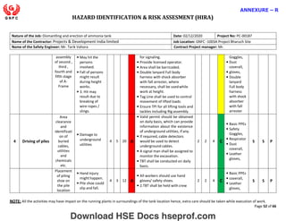 HAZARD IDENTIFICATION & RISK ASSESMENT (HIRA)
NOTE: All the activities may have impact on the running plants in surroundings of the tank location hence, extra care should be taken while execution of work.
Page 52 of 66
ANNEXURE – R
Nature of the Job: Dismantling and erection of ammonia tank Date: 02/12/2020 Project No: PC-00187
Name of the Contractor: Projects & Development India limited Job Location: GNFC -1003A Project Bharuch Site
Name of the Safety Engineer: Mr. Tarik Vahora Contract Project manager: Mr.
assembly
of second ,
third ,
fourth and
fifth stage
of A-
Frame
• May hit the
persons
involved.
• Fall of persons
might result
during height
works.
• 3. Hit may
result due to
breaking of
wire ropes /
slings.
for signaling.
• Provide licensed operator.
• Area shall be barricaded.
• Double lanyard Full body
harness with shock absorber
with fall arrester, where
necessary, shall be usedwhile
work at height.
• Tag Line shall be used to control
movement of lifted loads.
• Ensure TPI for all lifting tools and
tackles including Rig assembly.
Goggles,
• Dust
coverall,
• gloves,
• Double
lanyard
Full body
harness
with shock
absorber
with fall
arrester
4 Driving of piles
Area
clearance
and
identificati
on of
buried
cables,
utilities
and
chemicals
etc.
• Damage to
underground
utilities
4 5 20 A
• Valid permit should be obtained
on daily basis, which can provide
information about the existence
of underground utilities, if any.
• If required, cable detectors
would be used to detect
underground cables.
• A signal man shall be assigned to
monitor the excavation.
• TBT shall be conducted on daily
basis.
2 2 4 C
• Basic PPEs
• Safety
Goggles,
• Respirator
• Dust
coverall,
• Leather
gloves,
S S P
Placement
of piling
shoe on
the pile
location
• Hand injury
might happen.
• Pile shoe could
slip and fall.
4 3 12 A
• All workers should use hand
gloves/ safety shoes.
• 2.TBT shall be held with crew
2 2 4 C
• Basic PPEs
• coverall,
• Leather
gloves,
S S P
Download HSE Docs hseprof.com
 