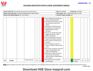 HAZARD IDENTIFICATION & RISK ASSESMENT (HIRA)
NOTE: All the activities may have impact on the running plants in surroundings of the tank location hence, extra care should be taken while execution of work.
Page 61 of 66
ANNEXURE – R
Nature of the Job: Dismantling and erection of ammonia tank Date: 02/12/2020 Project No: PC-00187
Name of the Contractor: Projects & Development India limited Job Location: GNFC -1003A Project Bharuch Site
Name of the Safety Engineer: Mr. Tarik Vahora Contract Project manager: Mr.
• Ensure Edge protection/proper
support/working platform
• Use proper PPEs, follow updaily
tool box talk & work permit
system.
• Availability of Machine guard
• Arrangement of portable fire
fighting facilities nearby
workplace
• Ensure uses of PPEs like safety
goggles, gumboots, rubber
gloves and helmets.
• Ensure availability of Trained /
experienced vibrator operator.
• Ensure proper maintenance of
vibrators.
• Ensure adequate support to
make for vibrator machine when
in use.
• Ensure the connection should be
drawn through 30mA rated
capacity of ELCB/RCCB
• Valid license holder electrician
should check the electrical
system becomes healthy before
start of work.
14 Curing. • Slips and trips 4 3 12 A
• Use proper access and good
housekeeping.
3 1 3 C
• Basic PPEs
• Safety
S S P
Download HSE Docs hseprof.com
 