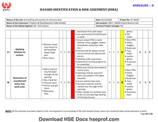 HAZARD IDENTIFICATION & RISK ASSESMENT (HIRA)
NOTE: All the activities may have impact on the running plants in surroundings of the tank location hence, extra care should be taken while execution of work.
Page 64 of 66
ANNEXURE – R
Nature of the Job: Dismantling and erection of ammonia tank Date: 02/12/2020 Project No: PC-00187
Name of the Contractor: Projects & Development India limited Job Location: GNFC -1003A Project Bharuch Site
Name of the Safety Engineer: Mr. Tarik Vahora Contract Project manager: Mr.
and electric fires with water.
• Use sand bucket/CO2/DCO/sand
or earth.
gloves
• FRC
Cloths
17
Applying
bitumen to
surface.
• Bitumen liquid
may chance to
fall hand/feet
/lower body
part.
• Burn injury.
5 5 25 A
• Ensure proper PPEs to work
(helmet, shoes, goggles, leather
hand gloves, protective cloth
etc.)
• Activity shall be always carried
out by trained and experienced
person.
• Working under supervision.
• Awareness/ training program to
be conducted.
3 3 9 B
• Basic PPEs
• Safety
Goggles,
• Respirator
• Face
shield
• Leather
gloves
• Protective
cloth
S S P
18
Restriction of
unauthorized
entry near
work area.
• Men/ material
may fall down
through cut out
opening.
• Slip, trip & fall
• Physical injury
• Person may get
injure.
• May prove
fatal.
5 5 25 A
• Work area shall be barricaded to
restrict entry.
• Openings shall be covered if
work is preceded in the higher
elevation.
• Access shall be kept clean.
• No loose materials shall be
stacked near the edge of the
openings.
• When people are working close
to the cut out openings wearing
of full body harness.
4 3 12 B
• Basic PPEs
• Safety
Goggles,
• Respirator
• Face
shield
• Leather
gloves
• Protective
cloth
S S P
Download HSE Docs hseprof.com
 