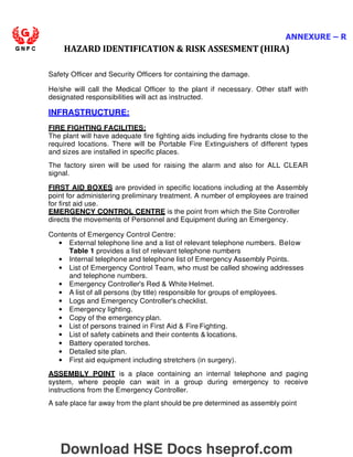 ANNEXURE – R
HAZARD IDENTIFICATION  RISK ASSESMENT (HIRA)
Safety Officer and Security Officers for containing the damage.
He/she will call the Medical Officer to the plant if necessary. Other staff with
designated responsibilities will act as instructed.
INFRASTRUCTURE:
FIRE FIGHTING FACILITIES:
The plant will have adequate fire fighting aids including fire hydrants close to the
required locations. There will be Portable Fire Extinguishers of different types
and sizes are installed in specific places.
The factory siren will be used for raising the alarm and also for ALL CLEAR
signal.
FIRST AID BOXES are provided in specific locations including at the Assembly
point for administering preliminary treatment. A number of employees are trained
for first aid use.
EMERGENCY CONTROL CENTRE is the point from which the Site Controller
directs the movements of Personnel and Equipment during an Emergency.
Contents of Emergency Control Centre:
• External telephone line and a list of relevant telephone numbers. Below
Table 1 provides a list of relevant telephone numbers
• Internal telephone and telephone list of Emergency Assembly Points.
• List of Emergency Control Team, who must be called showing addresses
and telephone numbers.
• Emergency Controller's Red  White Helmet.
• A list of all persons (by title) responsible for groups of employees.
• Logs and Emergency Controller's checklist.
• Emergency lighting.
• Copy of the emergency plan.
• List of persons trained in First Aid  Fire Fighting.
• List of safety cabinets and their contents  locations.
• Battery operated torches.
• Detailed site plan.
• First aid equipment including stretchers (in surgery).
ASSEMBLY POINT is a place containing an internal telephone and paging
system, where people can wait in a group during emergency to receive
instructions from the Emergency Controller.
A safe place far away from the plant should be pre determined as assembly point
Download HSE Docs hseprof.com
 