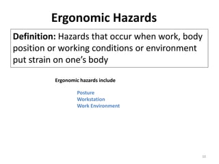 Ergonomic Hazards
10
Definition: Hazards that occur when work, body
position or working conditions or environment
put strain on one’s body
Ergonomic hazards include
Posture
Workstation
Work Environment
 