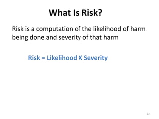 What Is Risk?
22
Risk is a computation of the likelihood of harm
being done and severity of that harm
Risk = Likelihood X Severity
 