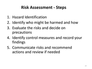 Risk Assessment - Steps
24
1. Hazard Identification
2. Identify who might be harmed and how
3. Evaluate the risks and decide on
precautions
4. Identify control measures and record your
findings
5. Communicate risks and recommend
actions and review if needed
 