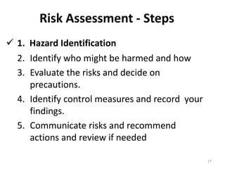Risk Assessment - Steps
27
2. Identify who might be harmed and how
3. Evaluate the risks and decide on
precautions.
4. Identify control measures and record your
findings.
5. Communicate risks and recommend
actions and review if needed
 1. Hazard Identification
 