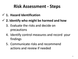 Risk Assessment - Steps
28
3. Evaluate the risks and decide on
precautions
4. Identify control measures and record your
findings
5. Communicate risks and recommend
actions and review if needed
 1. Hazard Identification
 2. Identify who might be harmed and how
 