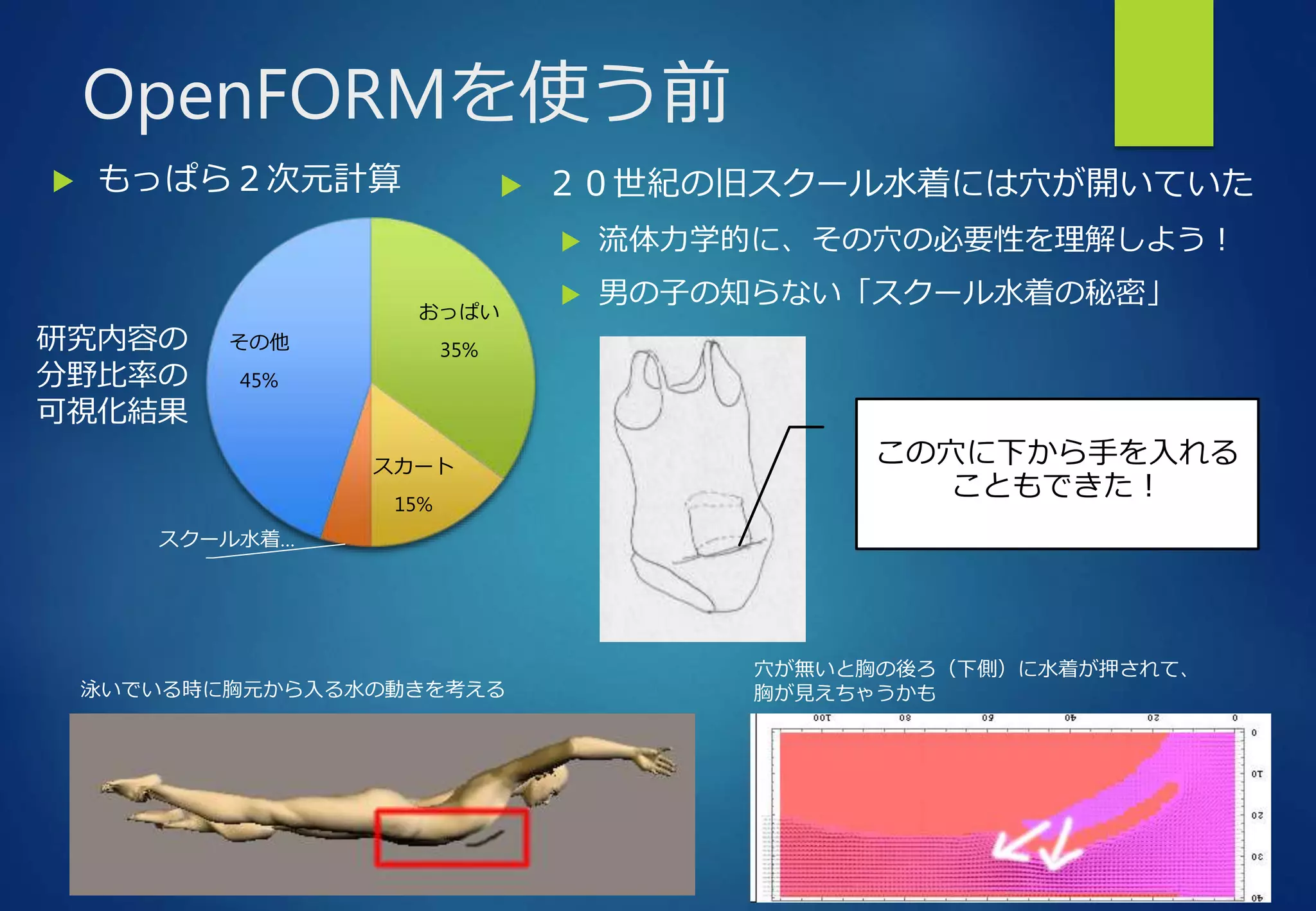 OpenFORMを使う前
 もっぱら２次元計算  ２０世紀の旧スクール水着には穴が開いていた
 流体力学的に、その穴の必要性を理解しよう！
 男の子の知らない「スクール水着の秘密」
おっぱい
35%
スカート
15%
スクール水着…
その他
45%
研究内容の
分野比率の
可視化結果
この穴に下から手を入れる
こともできた！
泳いでいる時に胸元から入る水の動きを考える
穴が無いと胸の後ろ（下側）に水着が押されて、
胸が見えちゃうかも
 