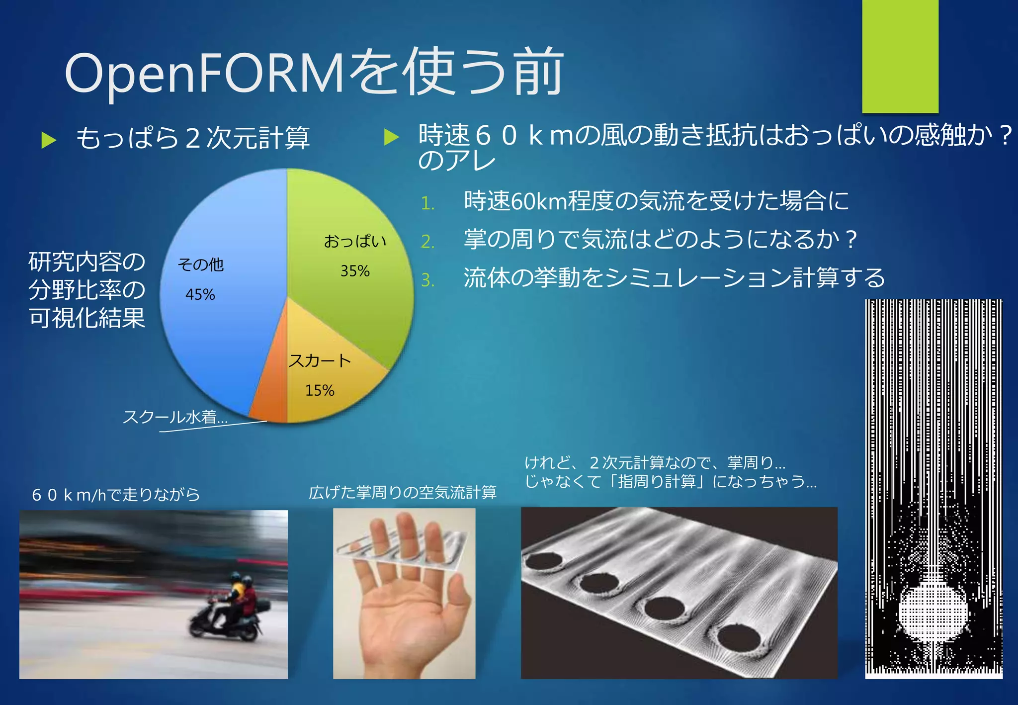 OpenFORMを使う前
 もっぱら２次元計算  時速６０ｋｍの風の動き抵抗はおっぱいの感触か？
のアレ
1. 時速60km程度の気流を受けた場合に
2. 掌の周りで気流はどのようになるか？
3. 流体の挙動をシミュレーション計算する
おっぱい
35%
スカート
15%
スクール水着…
その他
45%
研究内容の
分野比率の
可視化結果
６０ｋｍ/hで走りながら 広げた掌周りの空気流計算
けれど、２次元計算なので、掌周り…
じゃなくて「指周り計算」になっちゃう…
 