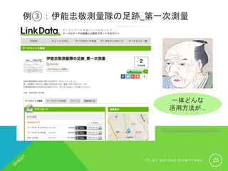 例③：伊能忠敬測量隊の足跡_第一次測量
一体どんな
活用方法が…
http://linkdata.org/work/rdf1s3274i
C C - B Y S A Y O K O S H I M O Y A M A 25
 