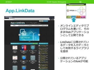 App.LinkData
• オンラインエディタでプ
ログラムを書いて、その
ままWebアプリケーショ
ンとして公開できる
• LinkDataに公開されてい
るデータを入力データと
して利用するライブラリ
を提供
• 公開されているアプリ
ケーションのforkが可能
2016/2/7 CC-BY Sayoko Shimoyama 32
 