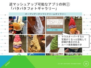 逆マッシュアップ可能なアプリの例②
「パタパタフォトギャラリー」
• マウスオーバーすると
写真がくるっと回転して
詳細が表示される
• ルート検索機能付き
http://app.linkdata.org/run/app1s1198i
C C - B Y S A Y O K O S H I M O Y A M A 35
 