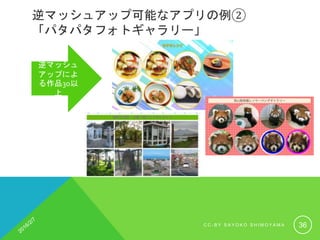 逆マッシュアップ可能なアプリの例②
「パタパタフォトギャラリー」
逆マッシュ
アップによ
る作品30以
上
C C - B Y S A Y O K O S H I M O Y A M A 36
 