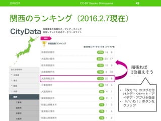 関西のランキング（2016.2.7現在）
頑張れば
3位狙えそう
• 「枚方市」のタグを付
けたデータセット・ア
イデア・アプリを登録
• 「いいね！」ボタンを
クリック
2016/2/7 CC-BY Sayoko Shimoyama 49
 