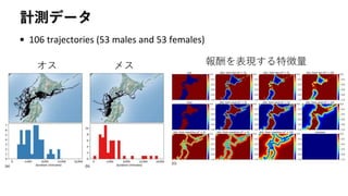 計測データ
• 106 trajectories (53 males and 53 females)
報酬を表現する特徴量オス メス
 