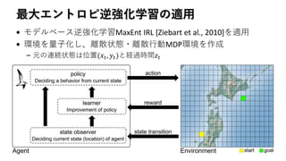 最大エントロピ逆強化学習の適用
• モデルベース逆強化学習MaxEnt IRL [Ziebart et al., 2010]を適用
• 環境を量子化し、離散状態・離散行動MDP環境を作成
– 元の連続状態は位置(𝑥𝑡, 𝑦𝑡)と経過時間𝑧𝑡
 