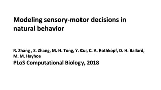 Modeling sensory-motor decisions in
natural behavior
R. Zhang , S. Zhang, M. H. Tong, Y. Cui, C. A. Rothkopf, D. H. Ballard,
M. M. Hayhoe
PLoS Computational Biology, 2018
 