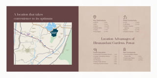 A location that takes
convenience to its optimum Key Destinations
• SEEPZ - 5 Km
• BKC - 10 Km
• Airport - 10.5 Km
• Andheri West - 11.1 Km
• Thane - 17 Km
• Churchgate - 27 Km
Road Connectivity
• JVLR - 1.4 Km
• LBS Marg - 3.4 Km
• Eastern Express
Highway - 4.8 Km
• SCLR - 8.1 Km
• Eastern Freeway - 12 Km
Finest Education
• Hiranandani Foundation School - 1 Km
• Poddar International School - 1 Km
• SM Shetty - 1 Km
• IIT Bombay - 2 Km
• Pawar Public School - 2 Km
• Bombay Scottish School - 3 Km
Rail Connectivity
• Upcoming Metro Station:
Powai Lake - 2 Km
• Kanjurmarg Station - 4.2 Km
• Vikhroli Station - 4.5 Km
Location Advantages of
Hiranandani Gardens, Powai
 