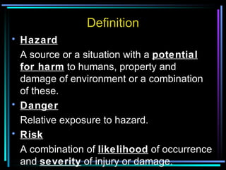 Definition Hazard A source or a situation with a  potential for harm  to humans, property and damage of environment or a combination of these. Danger Relative exposure to hazard. Risk A combination of  likelihood  of occurrence and  severity  of injury or damage. 