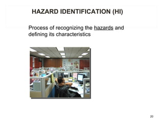 HAZARD IDENTIFICATION (HI)
Process of recognizing the hazards and
defining its characteristics
20
 