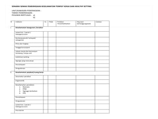 SENARAI SEMAK PEMERIKSAAN KESELAMATAN TEMPAT KERJA DAN HEALTHY SETTING
UNIT/KAWASAN PEMERIKSAAN :
TARIKH PEMERIKSAAN :
PEGAWAI BERTUGAS : a)
b)
Bil Indikator Ya Tidak Tindakan
Penambahbaikan
Peg awai
bertanggungjawab
Catatan
1 Keselamatan bangunan /struktur
Lantai licin / pecah /
halangan/curam
Bumbung pecah/ terkopak/
sebagainya
Pintu dan tingkap
Tangga/cerun/parit
Laluan masuk dan kecemasan
terhalang / lampu exit
Lalulintas/ parking
Signage yang mencukupi
Pencahayaan
Pengudaraan
2. Keselamatan pejabat/ruang kerja
Susunatur perabut
Ergonomik
Keselamatan peralatan
1. Restrain
2. PPM
3. Signage berkaitan
4. PPE
Pencahayaan
Pengudaraan
Lantai licin / pecah /
halangan/curam
First Aid kit
 